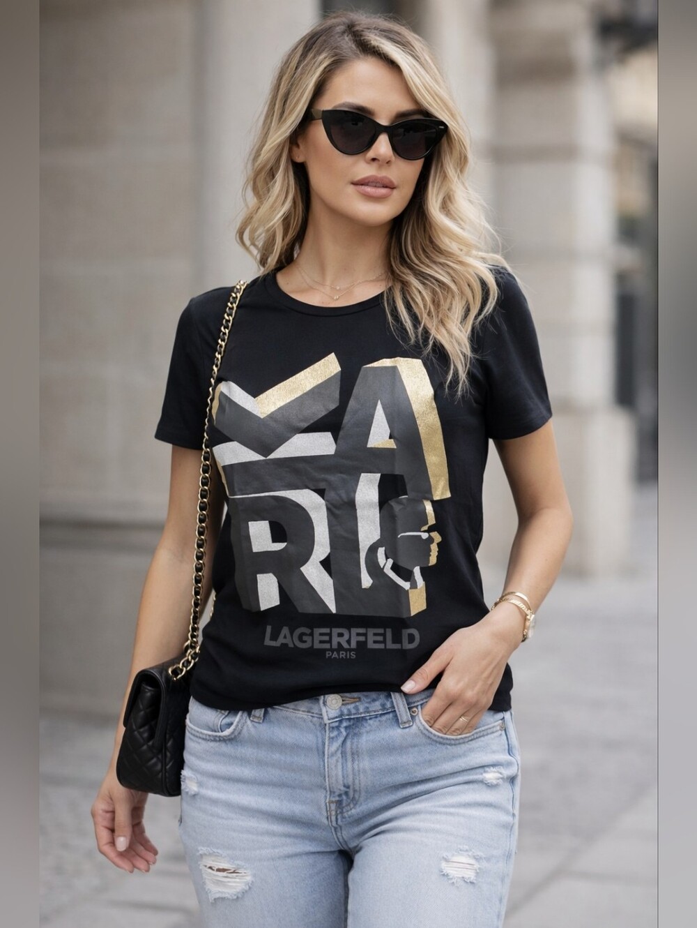Karl Lagerfeld Paris Women Stretch Cotton Graphic Logo Glitter T-Shirt Black XS